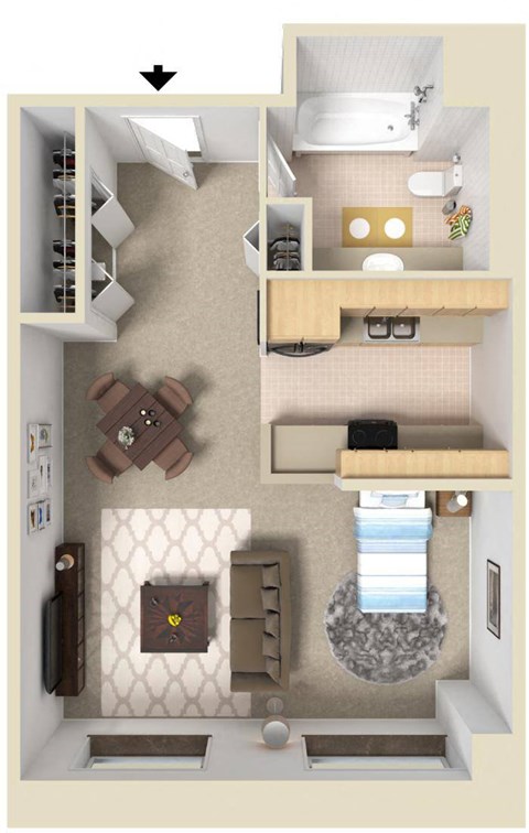 Floor plan for studio, 1 bath, 584 sqft